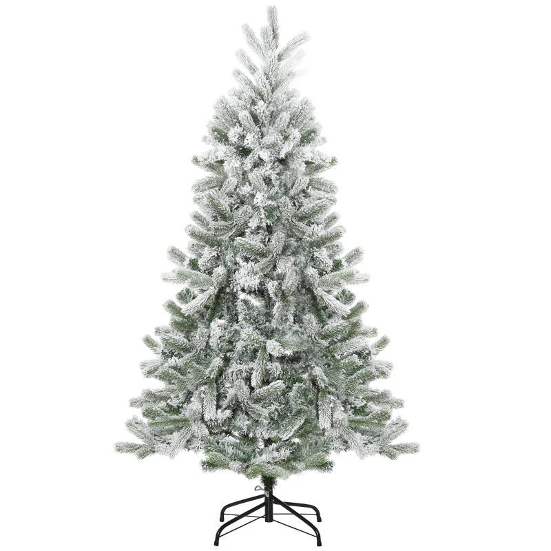 HOMCOM Árvore de Natal Nevada Artificial 150cm com 521 Ramos PVC e PE Base Dobrável e Suporte de Metal Decoração de Natal para Interiores Ø90x150cm Verde e Branco