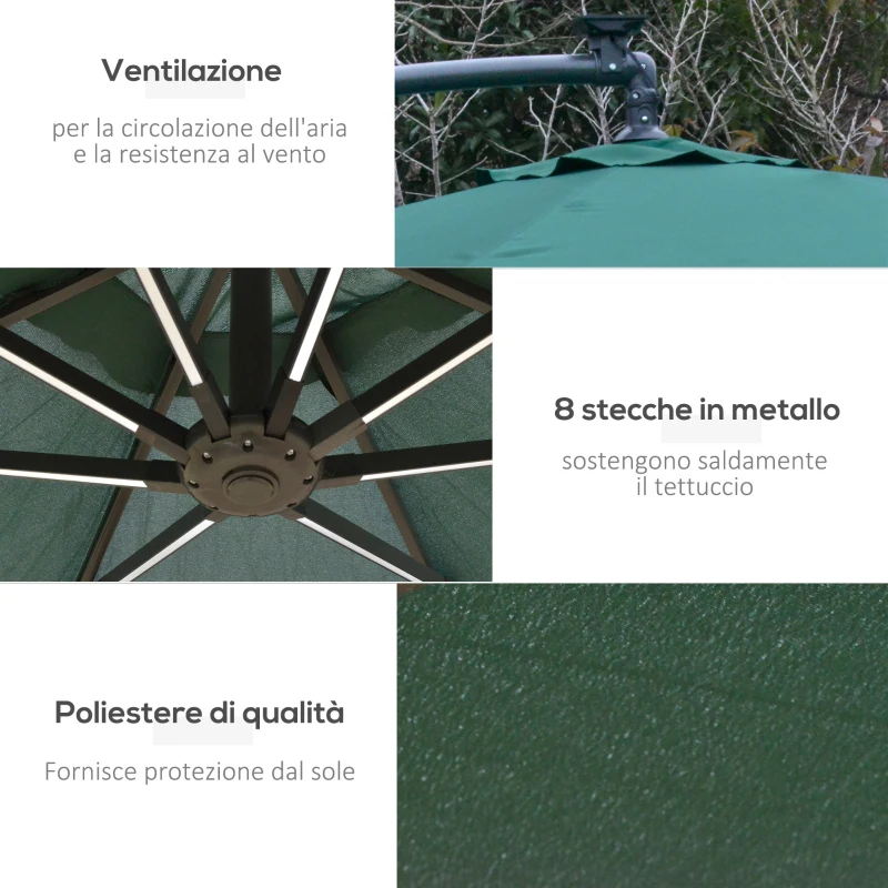 Outsunny Ombrellone da Giardino Ø3x2.5 m a Braccio con Manovella e 8 Strisce LED a Energia Solare, Verde