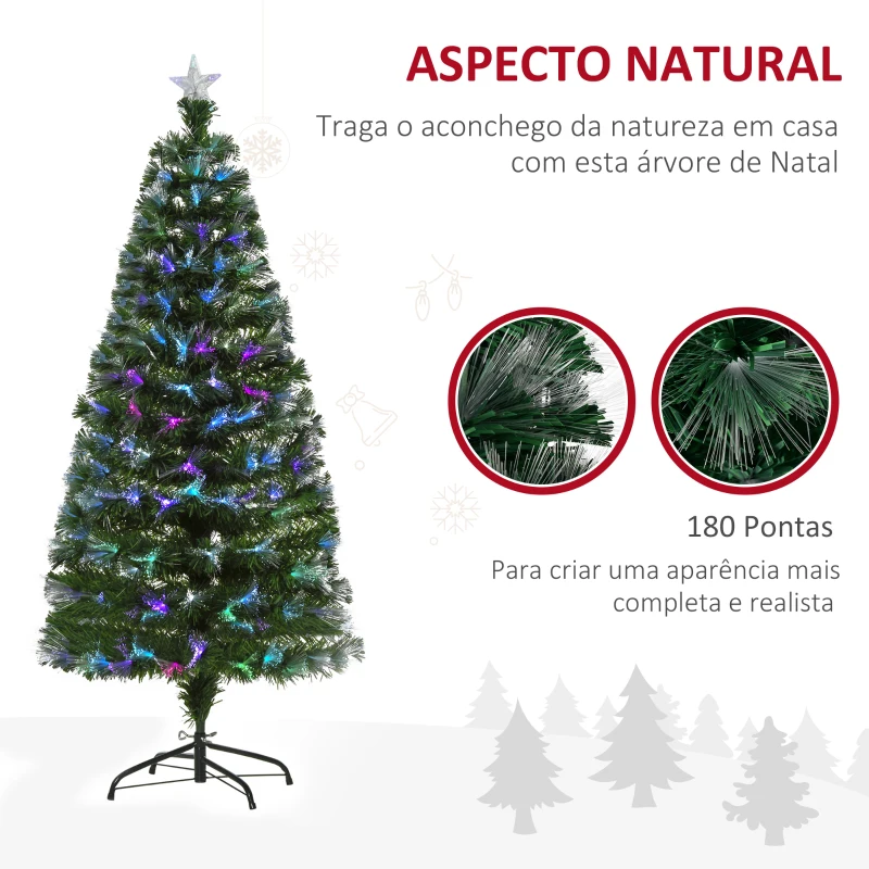 HOMCOM Árvore de Natal Artificial150cm com 180 Ramos Luzes LED de Múltiplas Cores e Estrela Decorativa Ø74x150 cm Verde
