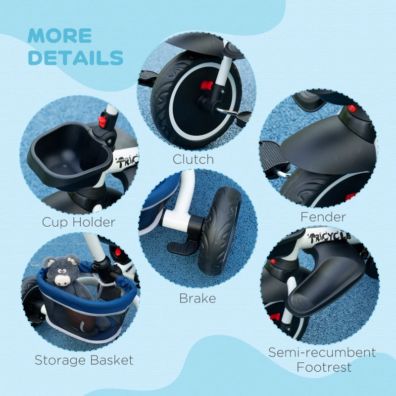 HOMCOM Tricicleta 7 in 1 pentru copii, Tricicleta pentru copii cu scaun rotativ, maner de impingere reglabil, centura de siguranta, baldachin detasabil,bara de siguranta pentru 12-50 de luni, albastru