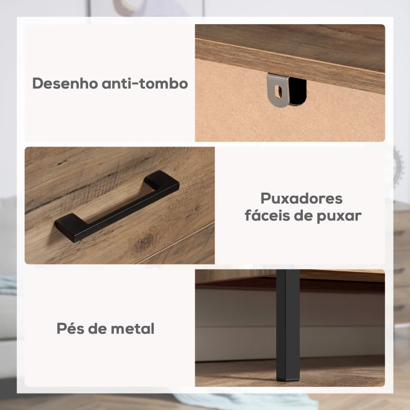 HOMCOM Cómoda com 4 Gavetas Cómoda de Madeira para Dormitório Móvel de Armazenamento Estilo Industrial 80x40x75cm Marrom e Preto