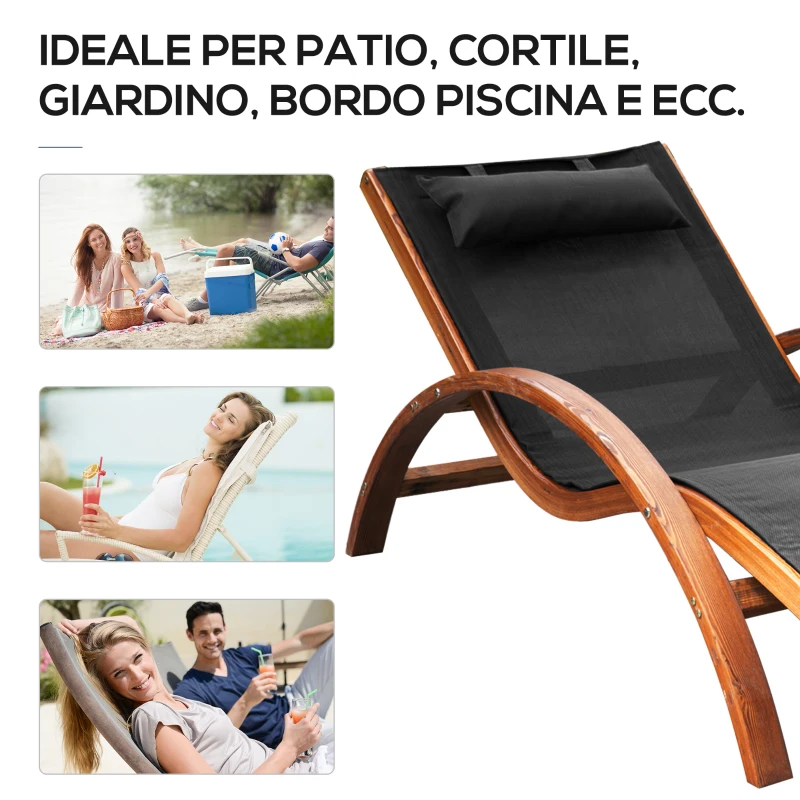 Outsunny Lettino Prendisole Chaise Longue con Poggiatesta in Legno e Tessuto a Rete, 165x72x86cm