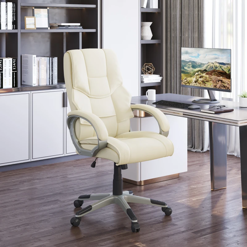 Homcom Cream Office Chair, High Back PU Leather Height Adjustable-W/ Gold Effect