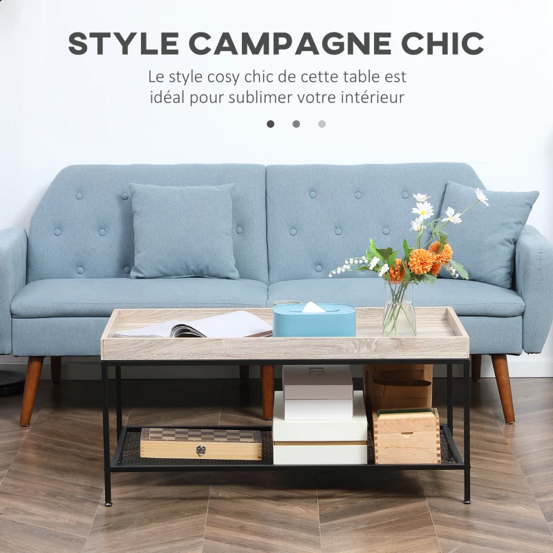 HOMCOM Table Basse rectangulaire 2 Niveaux avec étagère en métal perforée et Plateau en Bois -Industriel - 100 x 50 x 46,5 cm