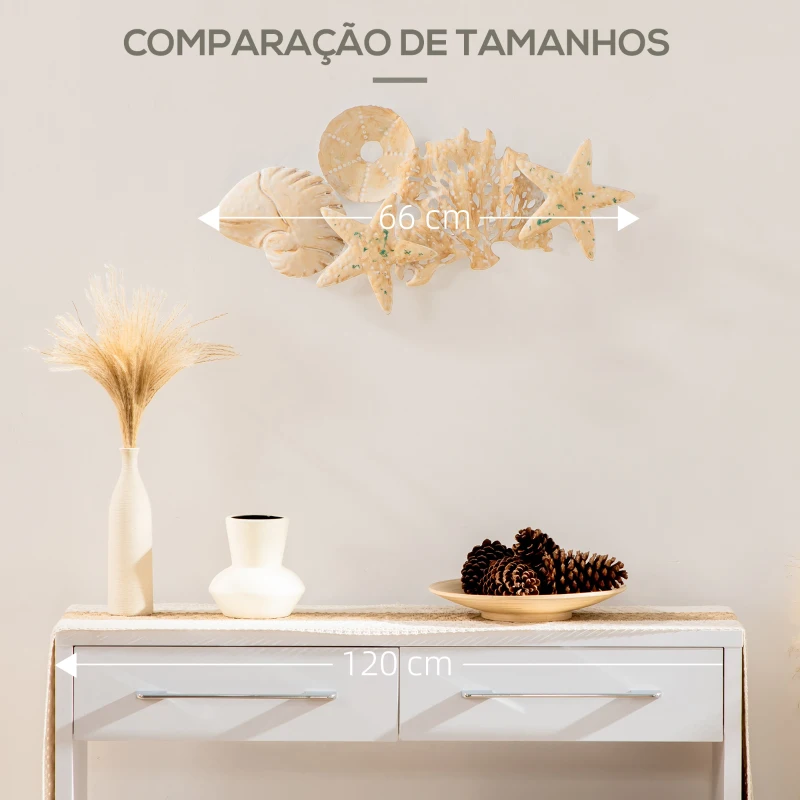 HOMCOM Decoração de Parede de Metal 3D com Conchas Estrela do Mar Coral 66x30,5cm Arte de Parede Bege