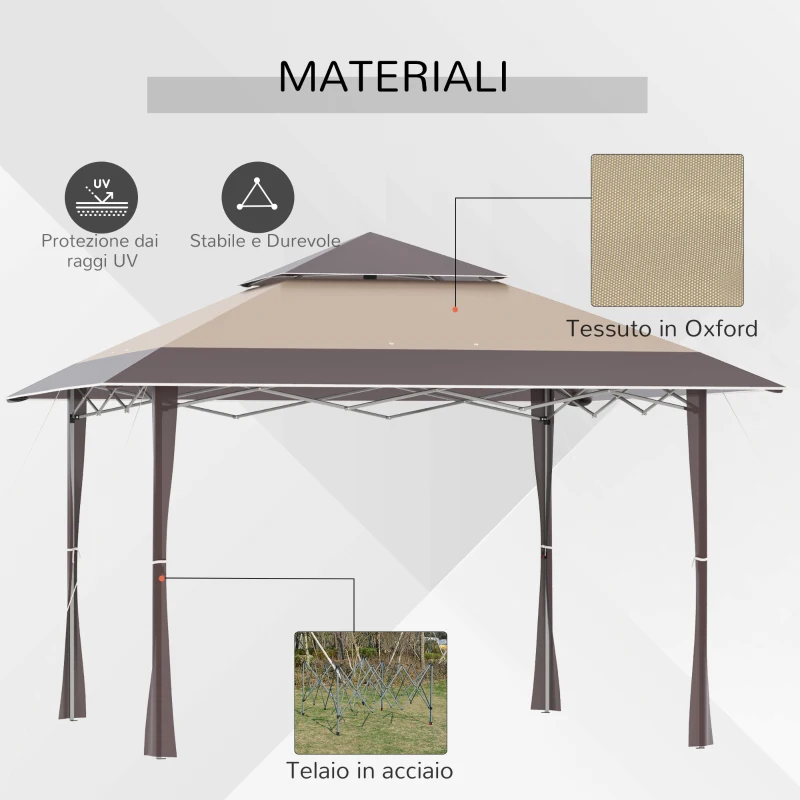 Outsunny Gazebo da Giardino Pieghevole 3.9x3.9m in Metallo, Gazebo Portatile con Borsa da Viaggio, Cachi