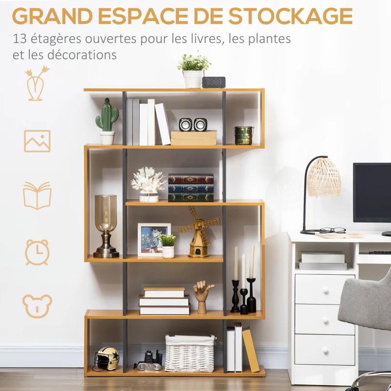 HOMCOM Bibliothèque étagère zig zag meuble de rangement 13 niches pour décorations, cadres photos, chambre, salon, bureau 95 x 25 x 150,5 cm aspect bois gris