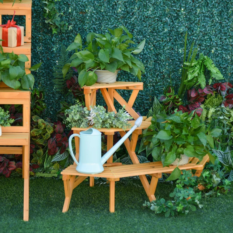 Outsunny Scaletta Portavasi in Legno Angolare con 3 Mensole, 96x64x61cm