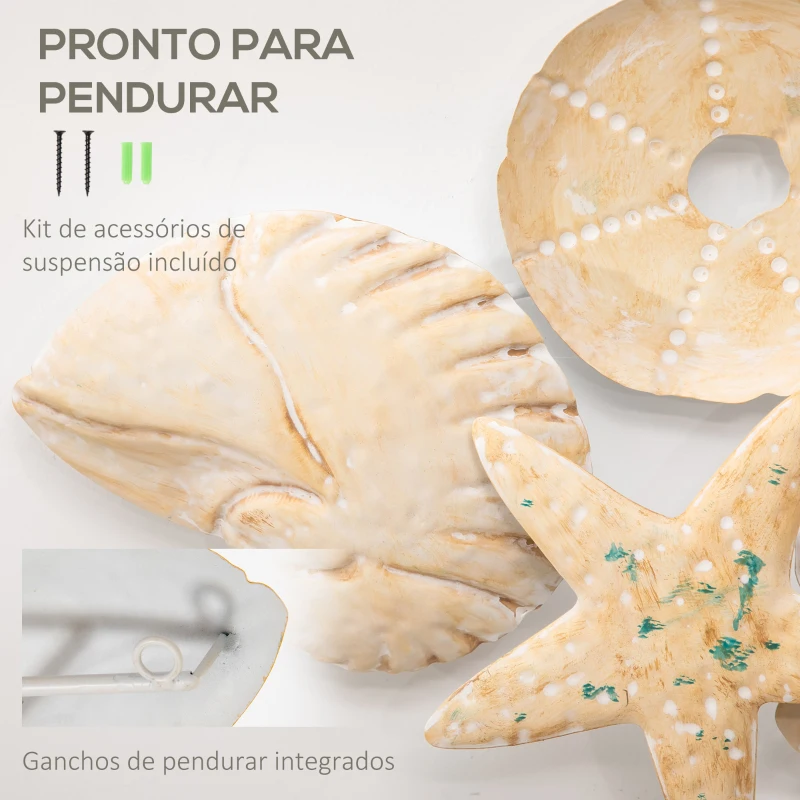 HOMCOM Decoração de Parede de Metal 3D com Conchas Estrela do Mar Coral 66x30,5cm Arte de Parede Bege