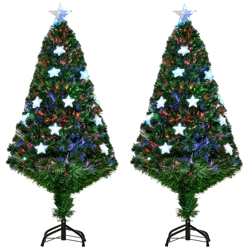HOMCOM Set da 2 Alberi di Natale Artificiali da 120cm in PVC con fibra ottica e 16 luci LED a stella