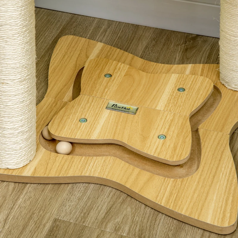 PawHut Ansamblu pentru pisici de interior Turn de joaca pentru pisici cu stalpi de zgariat din sisal Jucarie cu minge de hamac, bej, 53,5x53,5x90 cm