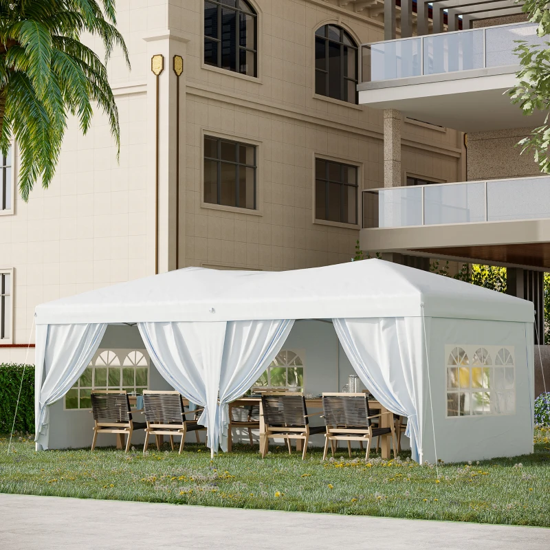 Outsunny Gazebo Pieghevole da Giardino 6x3 m con 6 Pannelli Laterali Bianco