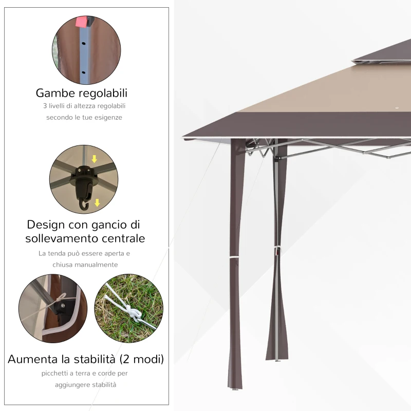 Outsunny Gazebo da Giardino Pieghevole 3.9x3.9m in Metallo, Gazebo Portatile con Borsa da Viaggio, Cachi