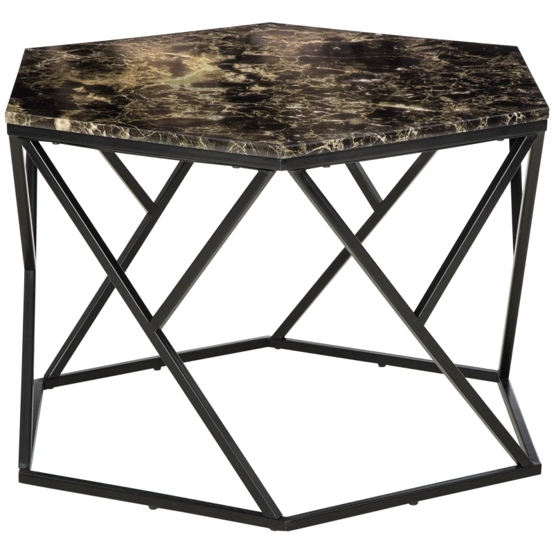 HOMCOM Table basse hexagonale avec plateau MDF aspect marbre et piètement graphique en métal noir - dim. 81L x 70l x 51,2H cm