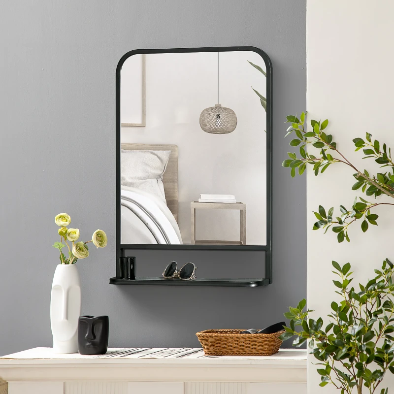 HOMCOM Oglinda de perete patrata moderna cu raft de depozitare, oglinzi 70 x 50 cm pentru sufragerie, dormitor, negru