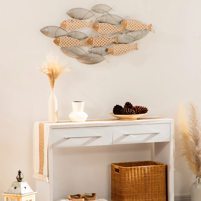 HOMCOM Decoração de Parede de Metal e Madeira 3D de Peixes 100x47cm Arte de Parede Metálica Prata e Madeira
