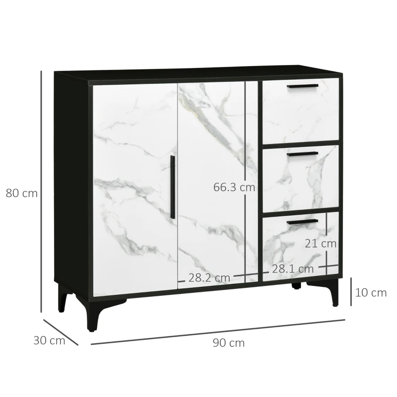 HOMCOM Dulap modern de depozitare cu dulap cu 2 usi, 3 sertare pentru living, birou, alb