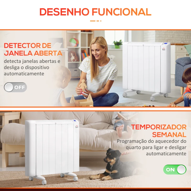 HOMCOM Aquecedor Elétrico 1500W Aquecedor Convector com Ecrã LCD 4 Modos Termostato Temporizador e 4 Rodas 67x31x68cm Branco