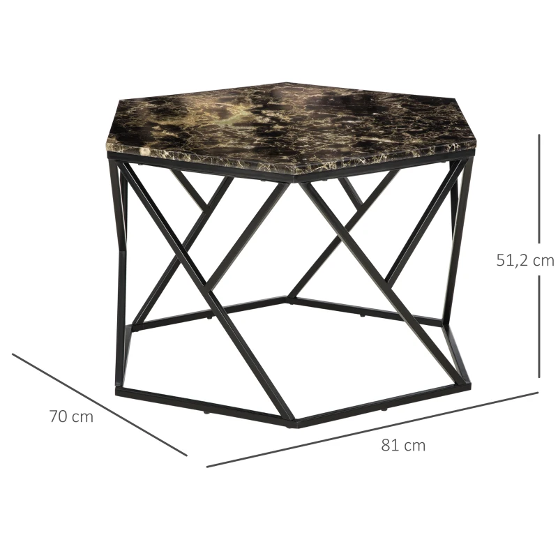 HOMCOM Table basse hexagonale avec plateau MDF aspect marbre et piètement graphique en métal noir - dim. 81L x 70l x 51,2H cm