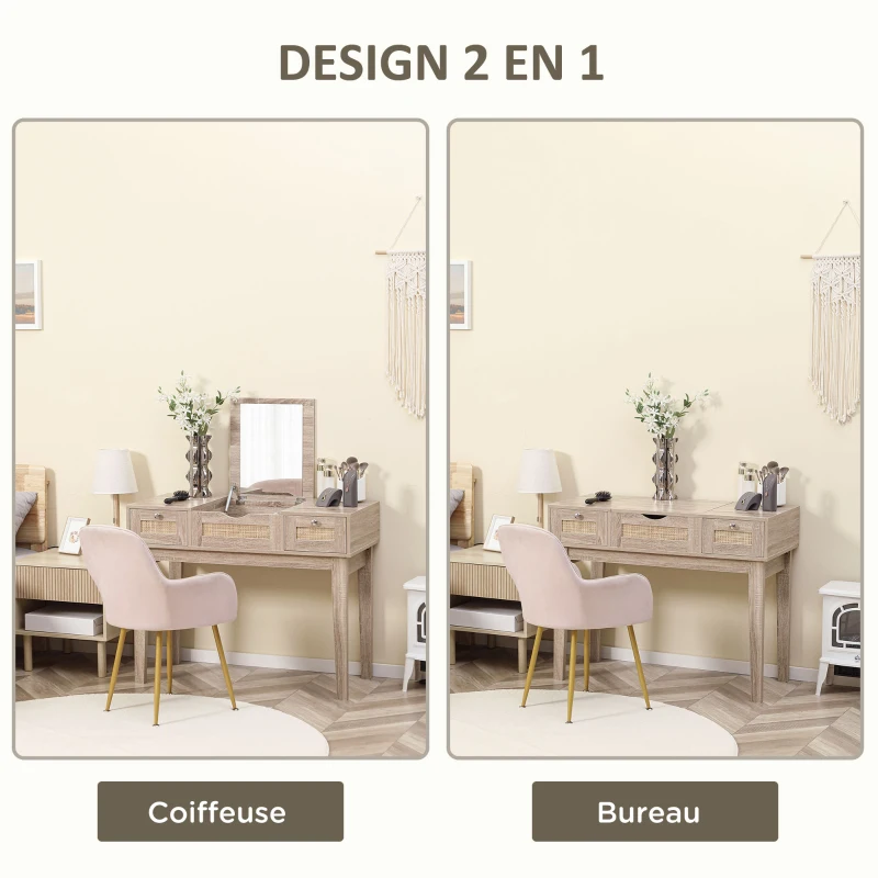 HOMCOM Coiffeuse table de maquillage avec miroir rabattable design bohème 2 tiroirs 2 en 1 bureau - 100 x 46 x 78,5 cm
