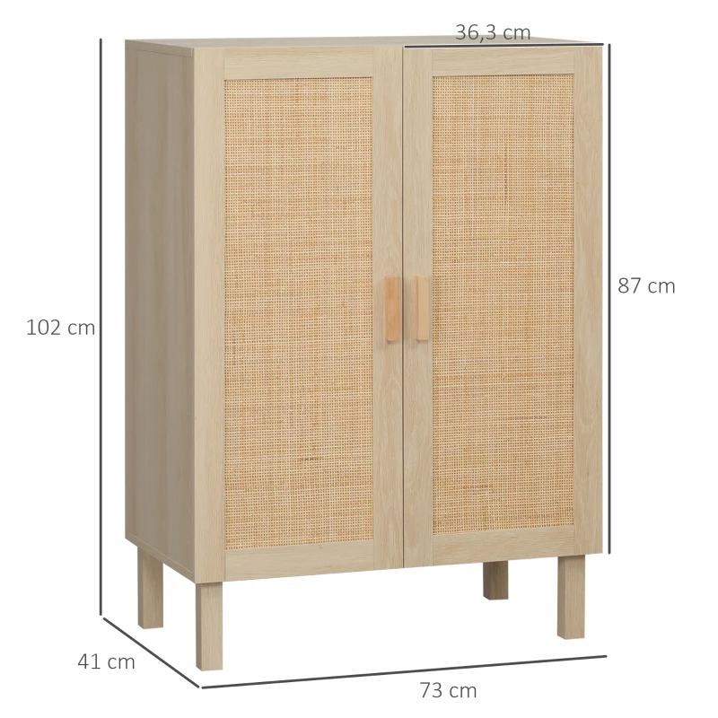 HOMCOM Buffet haut meuble de rangement design bohème double portes avec 3 étagères en cannage - 73 x 41 x 102 cm