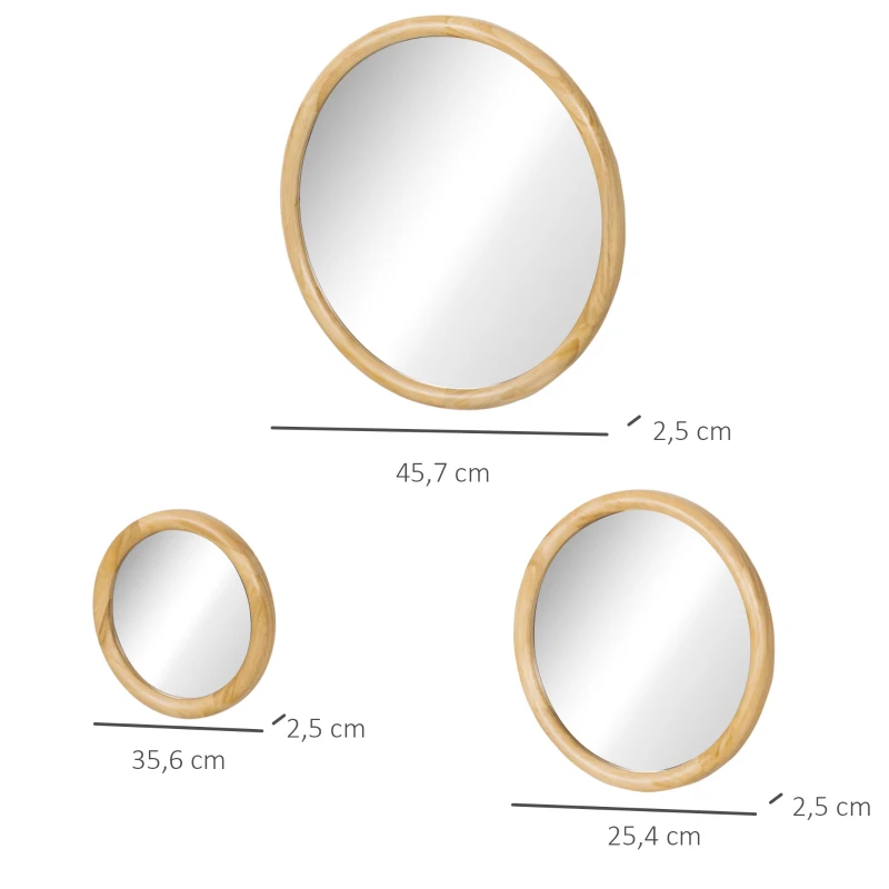 HOMCOM Lot de 3 Miroir Rond Miroir mural avec Cadre en Bois pour Chambre, Salle de Bain Ø 25,4 cm 35,6 cm et 45,7 cm
