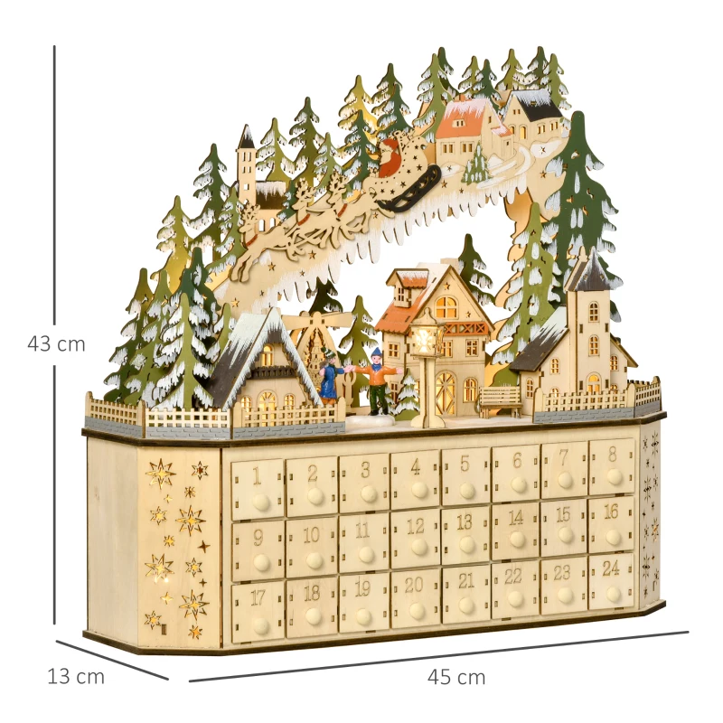 HOMCOM adventskalender met 24 vakken op te vullen kerstkalender met LED-verlichting adventskalenderbox kerstdecoratie doe-het-zelf MDF-blad naturel hout 45 x 13 x 43 cm