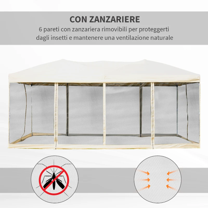 Outsunny Gazebo da Giardino 3x6 m Pieghevole e Impermeabile con Zanzariera e Borsa da Trasporto Inclusa, Beige