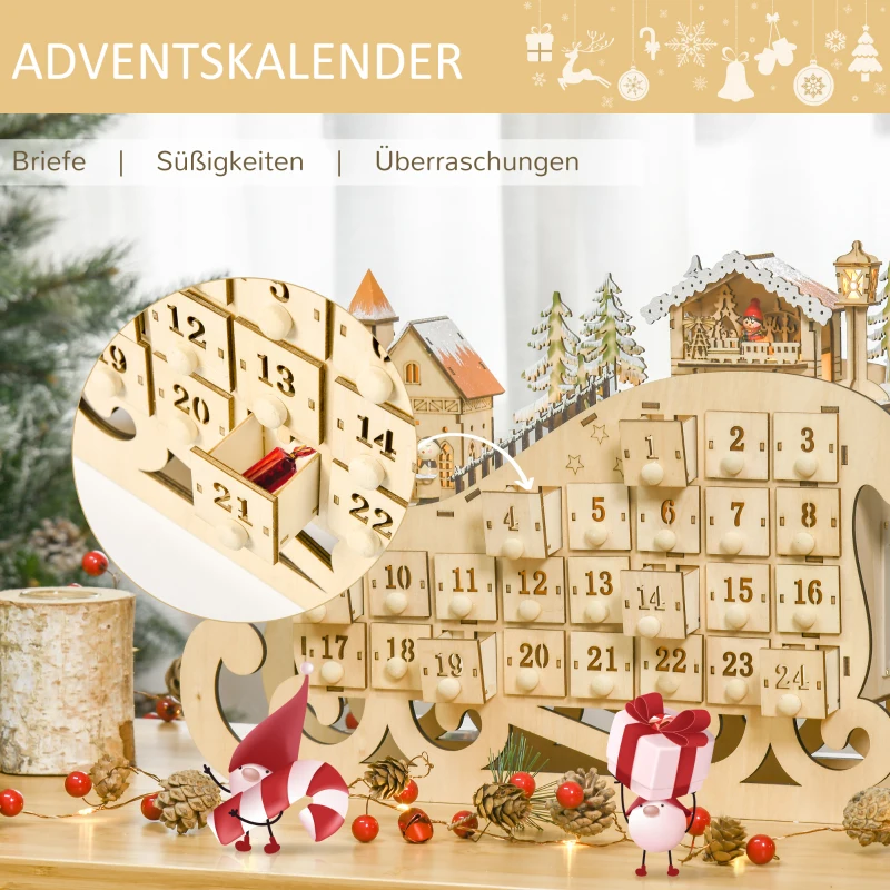 HOMCOM Adventskalender zum Befüllen mit 24 Schubladen LED-Lichtern Schlitten-Form, DIY Weihnachtskalender Weihnachts-Countdown-Kalender Geschenk für Kinder Erwachsene