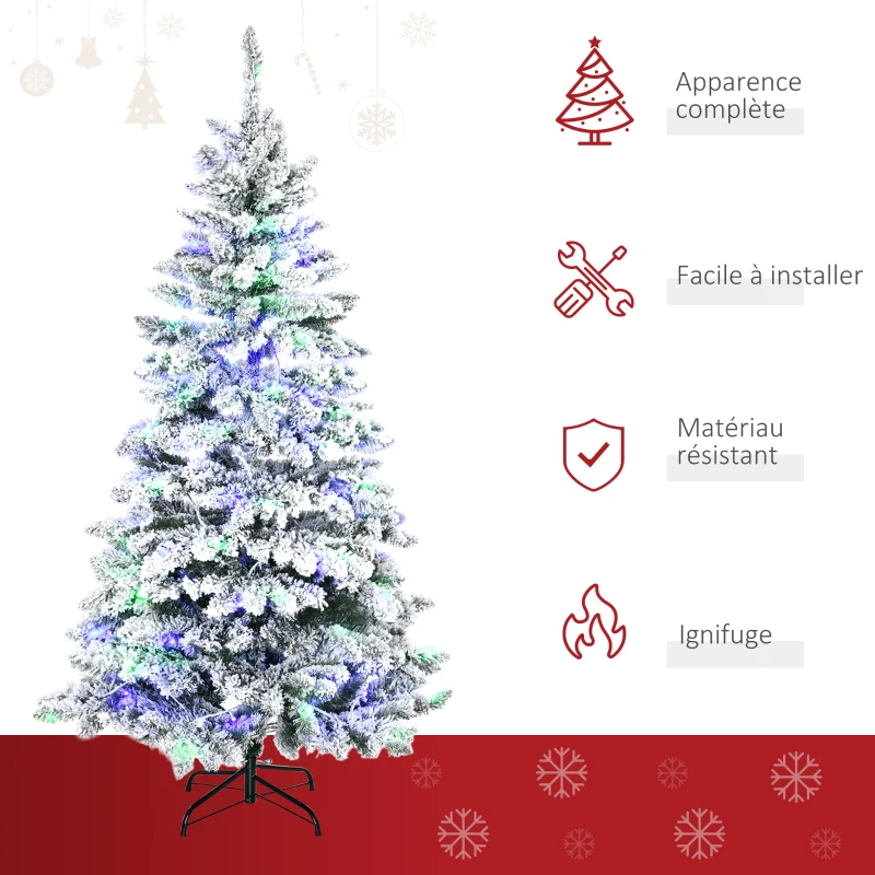 HOMCOM Sapin de Noël Artificiel Lumineux 180 cm arbre de Noël enneigé avec 10 modes d'éclairage Multicolore 585 Branches pour Maison, Magasin Vert