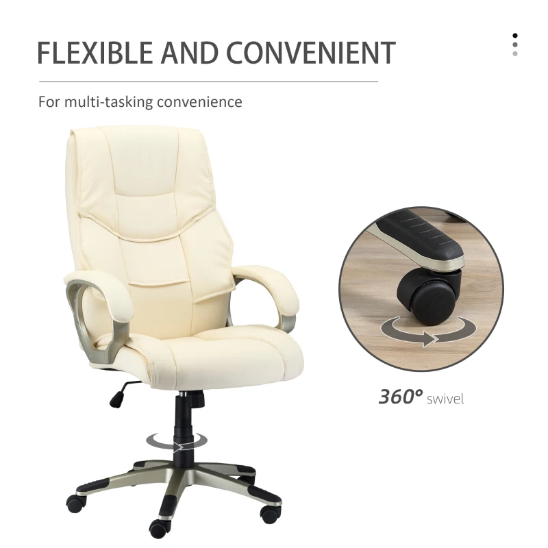 Homcom Cream Office Chair, High Back PU Leather Height Adjustable-W/ Gold Effect