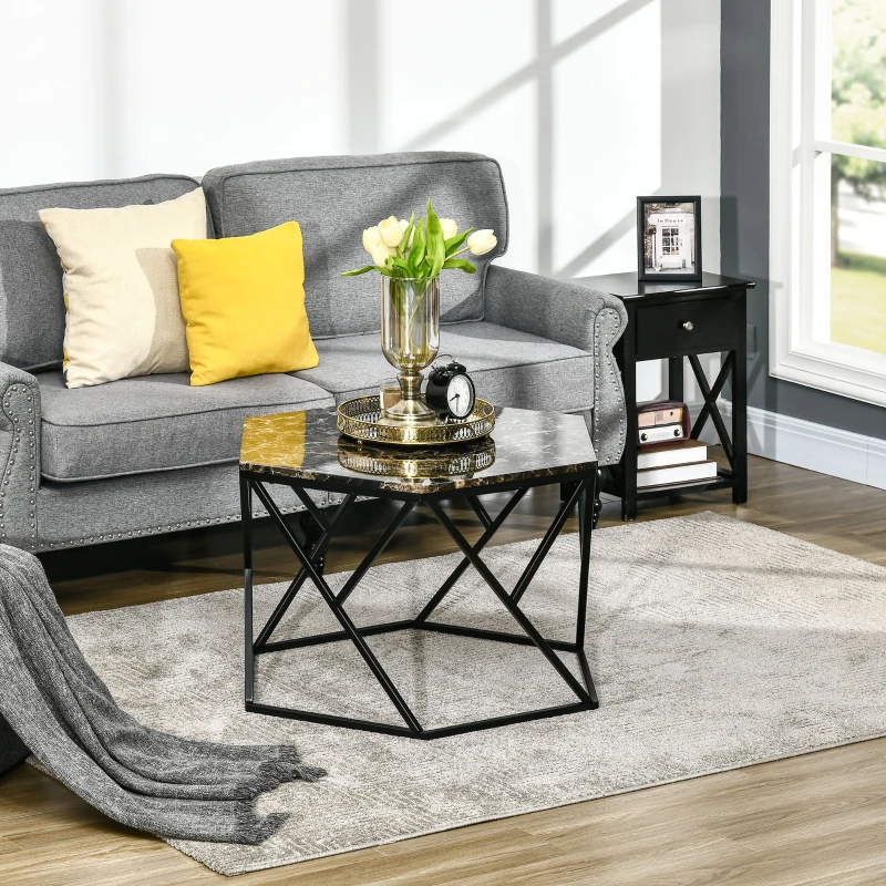 HOMCOM Table basse hexagonale avec plateau MDF aspect marbre et piètement graphique en métal noir - dim. 81L x 70l x 51,2H cm