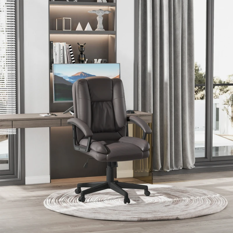 HOMCOM Mid Back Executive Office Chair, Faux Leather Computer Desk Chair with Swivel, Double-Tier Padding, Arm, Wheels, Brown(m-2)