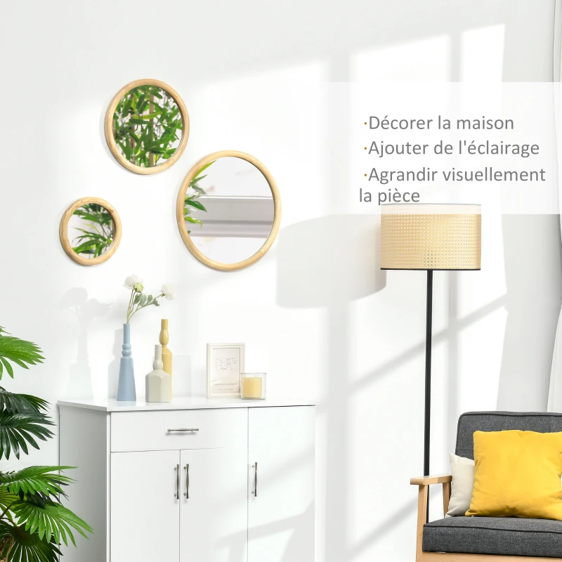 HOMCOM Lot de 3 Miroir Rond Miroir mural avec Cadre en Bois pour Chambre, Salle de Bain Ø 25,4 cm 35,6 cm et 45,7 cm