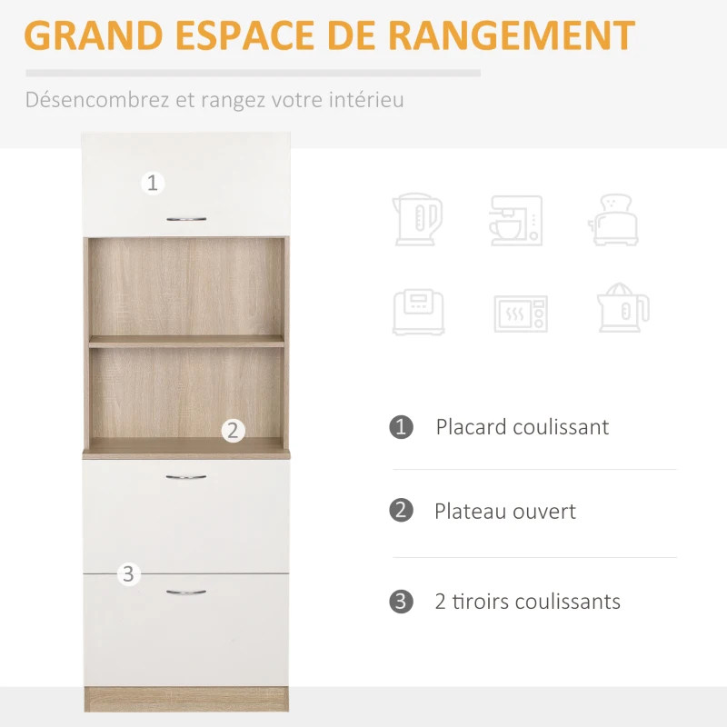 HOMCOM Buffet de cuisine armoire de cuisine multi-rangements 2 tiroirs 1 placard + grand plateau 60 x 38 x 168 cm MDF blanc