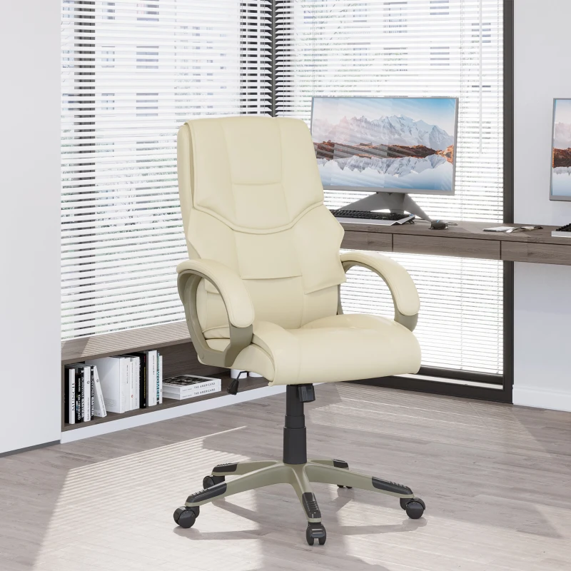 Homcom Cream Office Chair, High Back PU Leather Height Adjustable-W/ Gold Effect