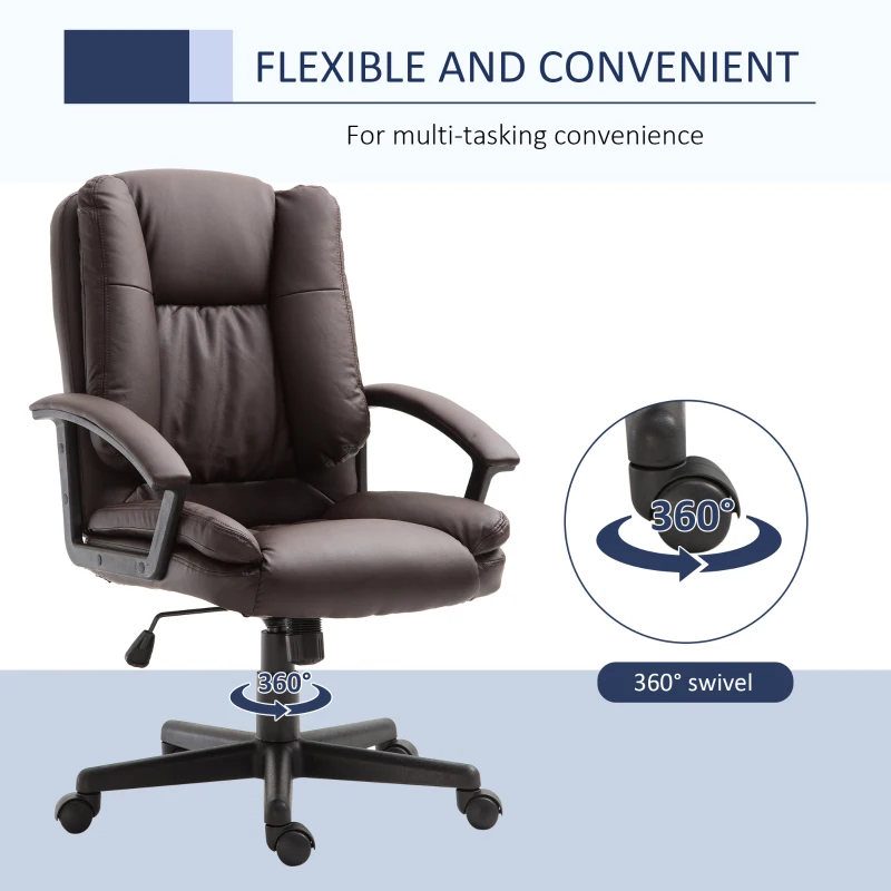 HOMCOM Mid Back Executive Office Chair, Faux Leather Computer Desk Chair with Swivel, Double-Tier Padding, Arm, Wheels, Brown(m-6)