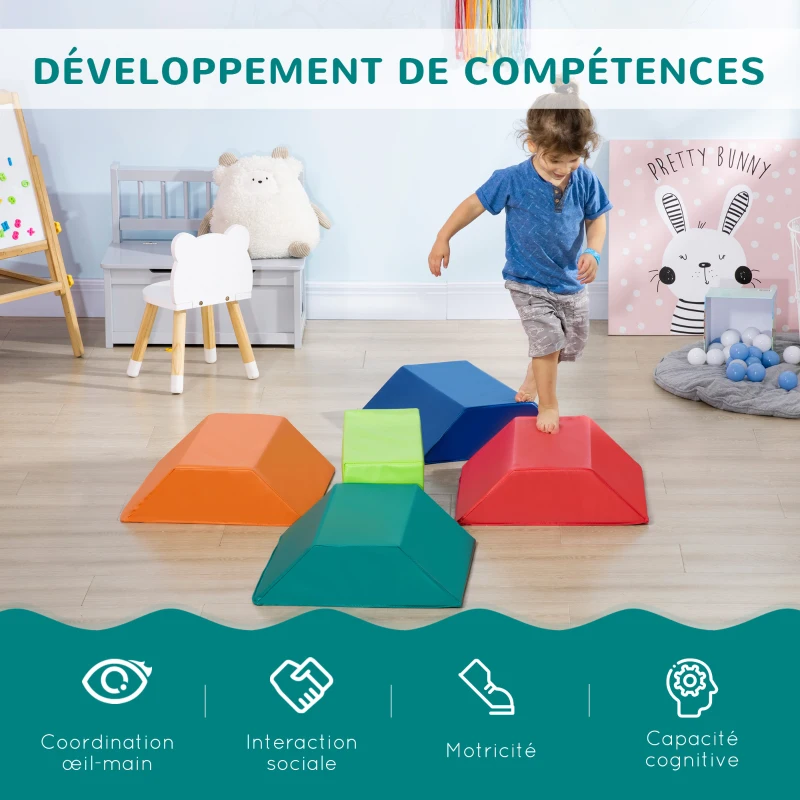 HOMCOM 5 Blocs de Construction en Mousse XXL - Jeux éducatif - Module motricité - parcours motricité enfant- certifiés Normes EN71-1-2-3 - Mousse EPE revêtement PU Multicolore