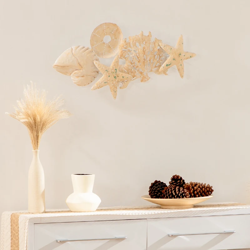 HOMCOM Decoração de Parede de Metal 3D com Conchas Estrela do Mar Coral 66x30,5cm Arte de Parede Bege