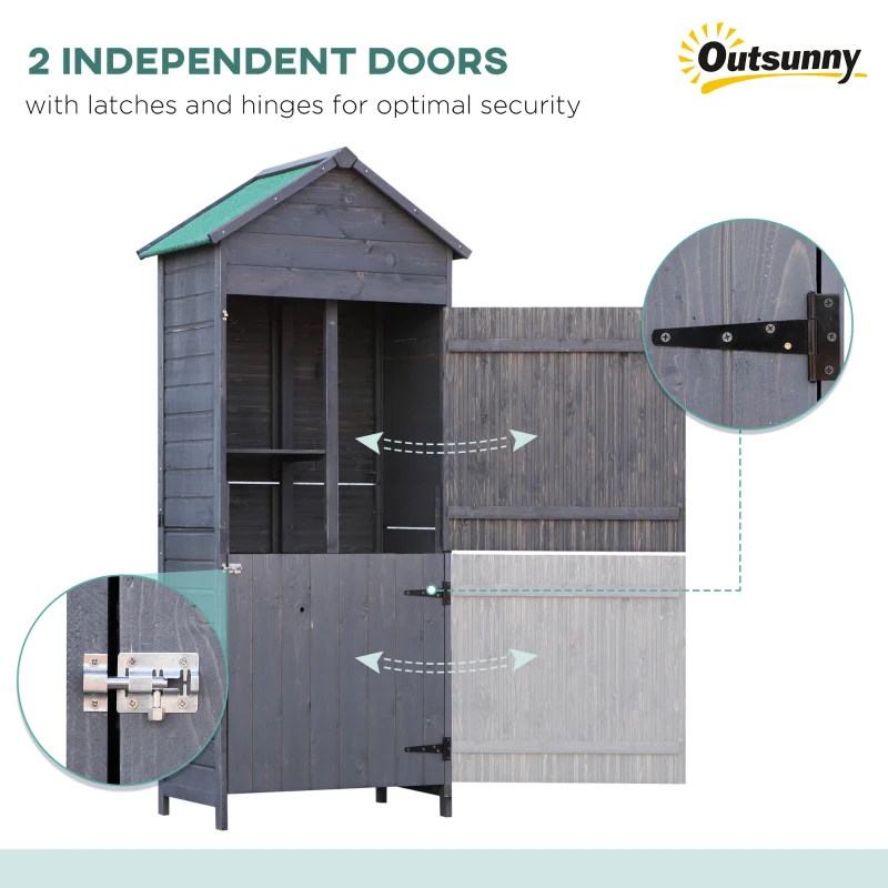 Outsunny Sopron de gradina 89 x 50 cm, din lemn pe 4 niveluri, cu 3 rafturi, Usi duble cu blocare, gri inchis