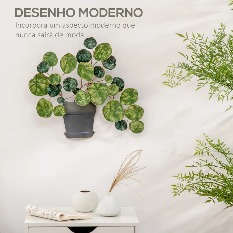 HOMCOM Decoração de Parede de Metal 3D com Vaso de Plantas 46x38cm Arte de Parede Decoração de Parede Metálica Verde e Preto