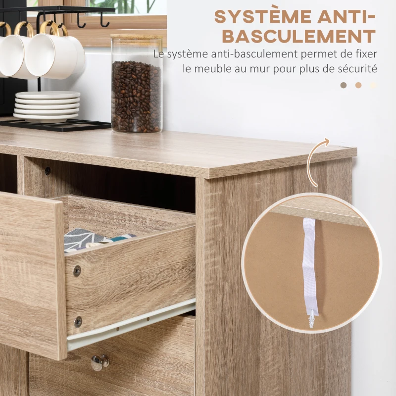 HOMCOM Buffet de cuisine meuble de rangement avec 2 portes rotin aspect cannage 3 tiroirs et grande niche - 110 x 40 x 76 cm
