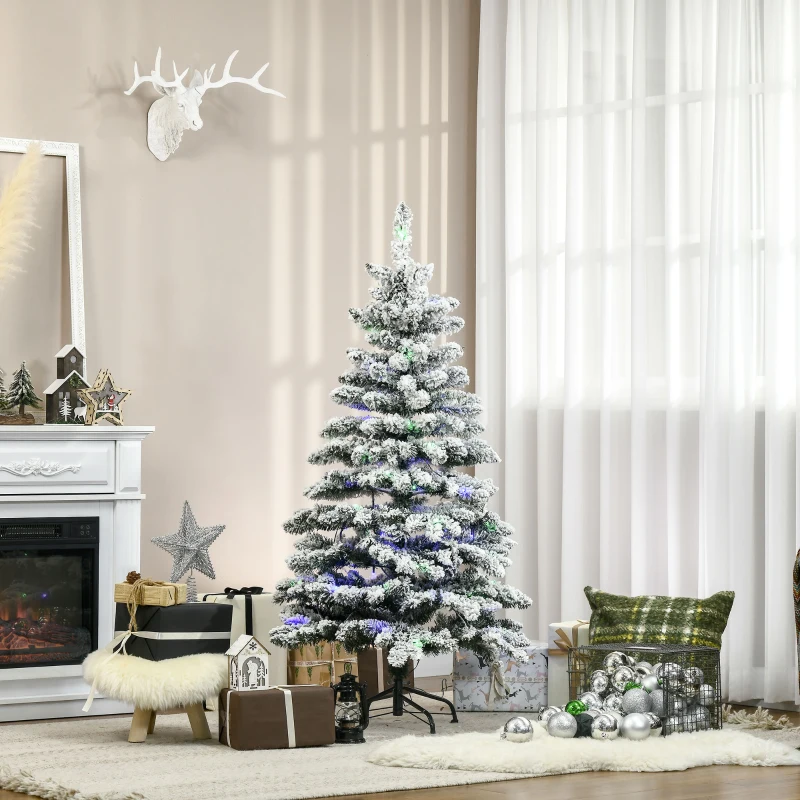 HOMCOM Sapin de Noël Artificiel enneigé 150H cm Lumineux LED x 150 Multicolore 351 Branches Vert Blanc