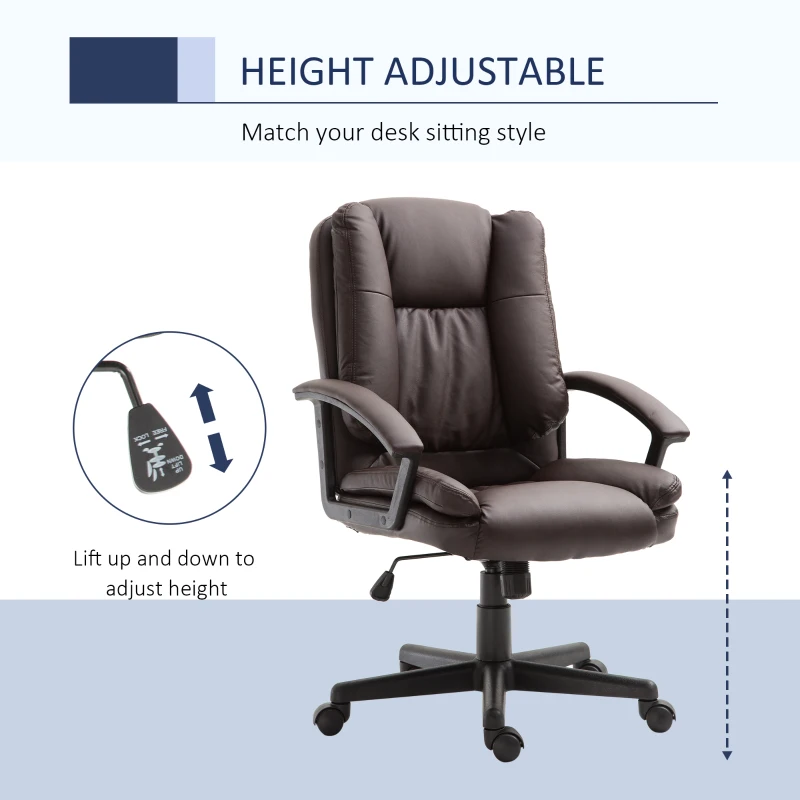 HOMCOM Mid Back Executive Office Chair, Faux Leather Computer Desk Chair with Swivel, Double-Tier Padding, Arm, Wheels, Brown(m-4)
