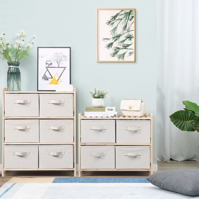 HOMCOM Ensemble de 2 pièces commodes en tissu meubles de rangement avec 10 tiroirs pliants en tissu de lin style élégant pour chambre à coucher bureau salon bois naturel beige