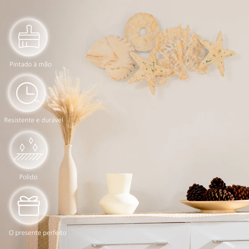 HOMCOM Decoração de Parede de Metal 3D com Conchas Estrela do Mar Coral 66x30,5cm Arte de Parede Bege