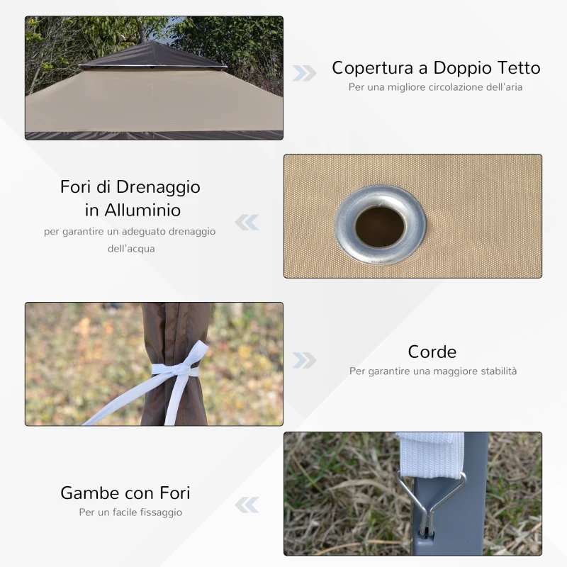 Outsunny Gazebo da Giardino Pieghevole 3.9x3.9m in Metallo, Gazebo Portatile con Borsa da Viaggio, Cachi