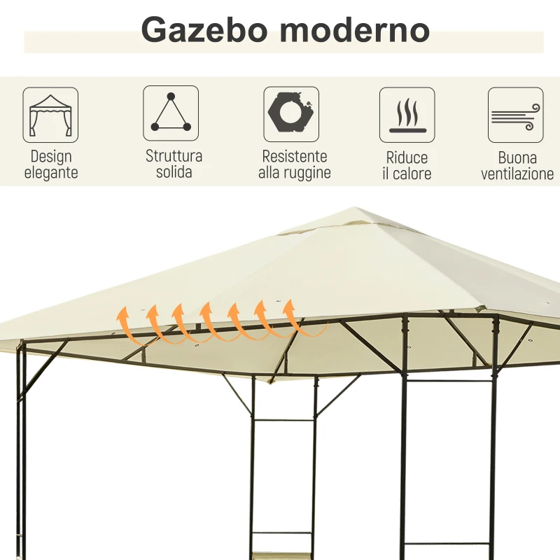 Outsunny Gazebo 3x3 m con Tettuccio Rinforzato e 4 Viti, in Acciaio Verniciato a Polvere, Nero e Crema