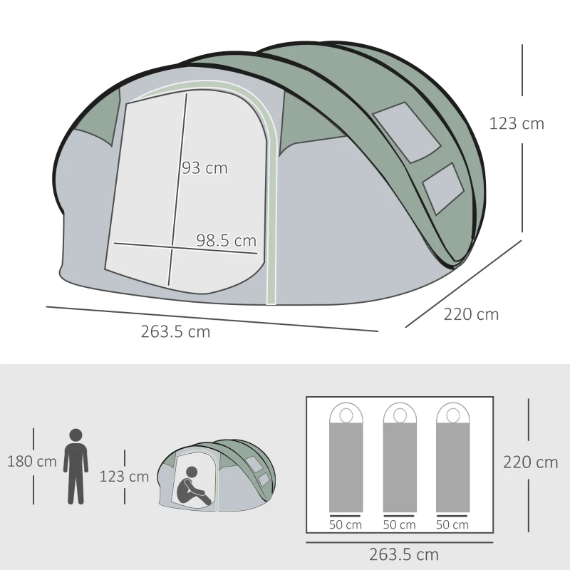 Outsunny Cort de Camping Pop Up pentru 2 Persoane cu 2 Uși, 4 Ferestre și Înveliș Impermeabil, 263.5x220x123 cm, Verde(m-3)