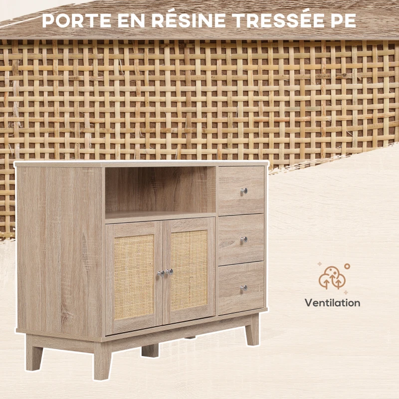 HOMCOM Buffet de cuisine meuble de rangement avec 2 portes rotin aspect cannage 3 tiroirs et grande niche - 110 x 40 x 76 cm